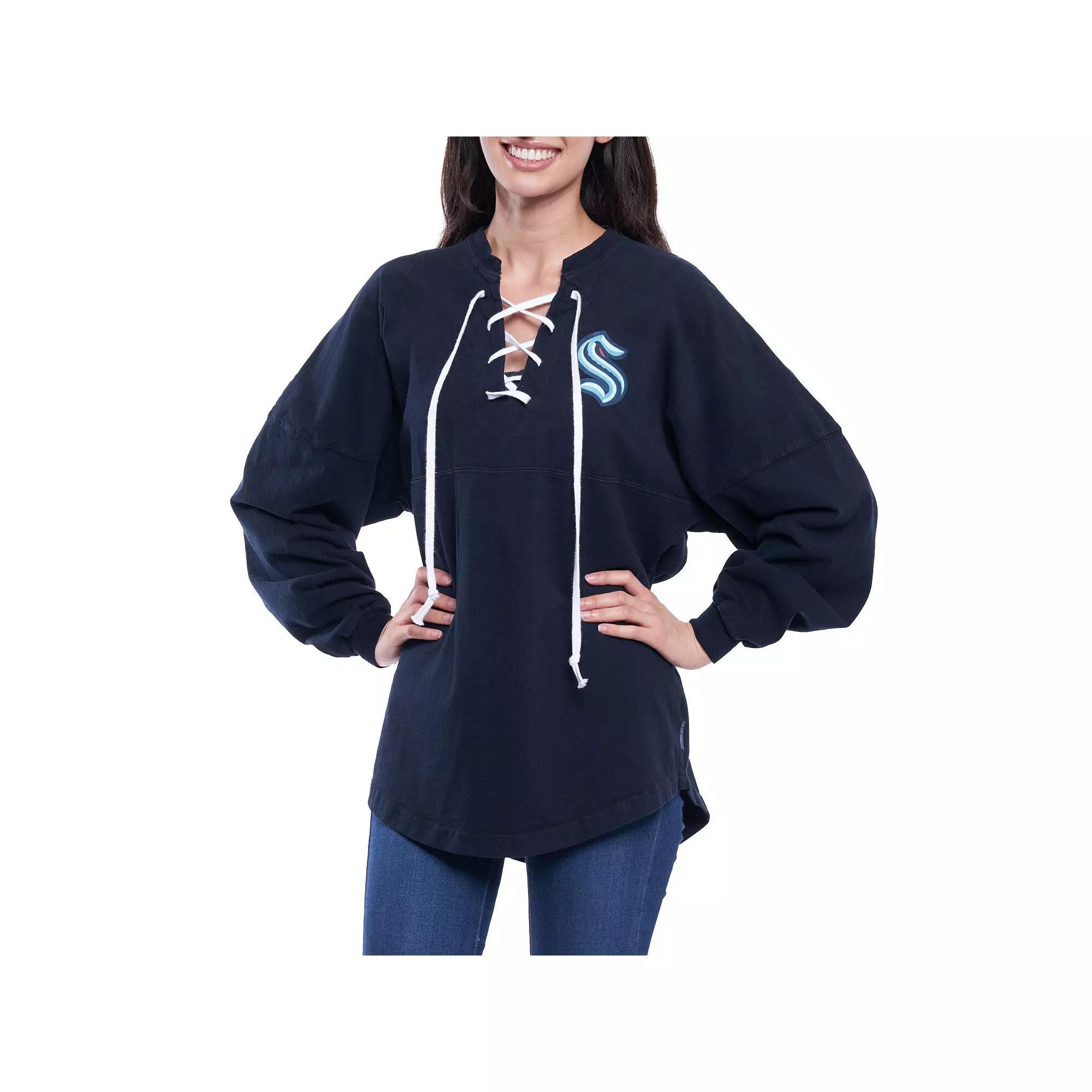 Women's Fanatics Branded Navy Seattle Kraken Lace Up Long Sleeve Spirit Top,  Product Image