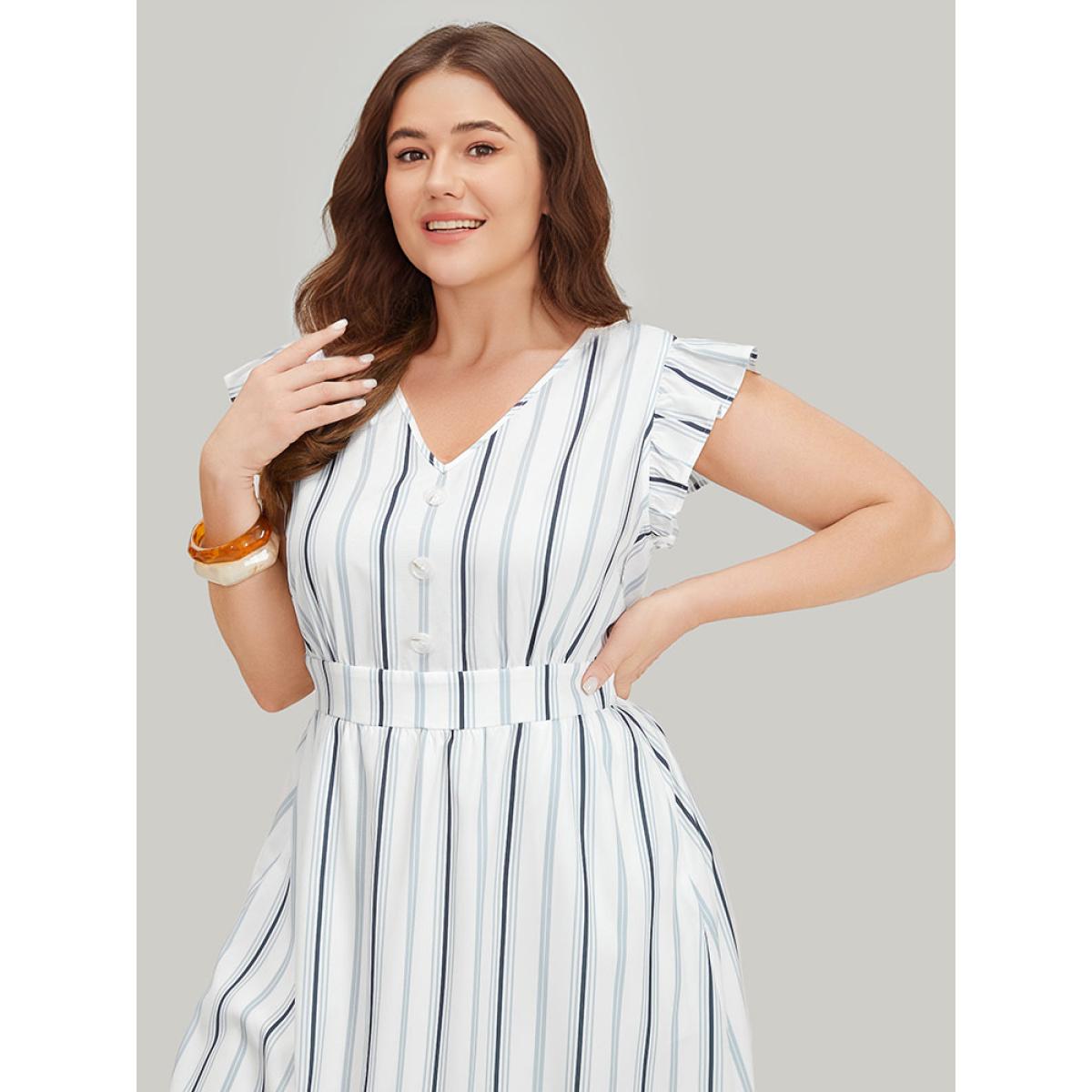 Plus Size Striped Ruffle Cap Sleeve Button Detail Wideband Waist Dress Multicolor Women Elegant Elastic Waist V-neck Cap Sleeve Curvy Midi Dress BloomChic 14-16/1X Product Image