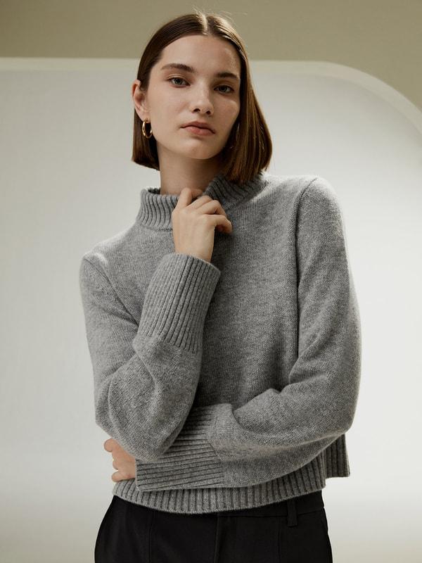 Ribbed Collar and Hemline Wool Cashmere Sweater Product Image