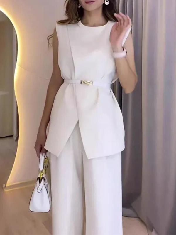 Loose Sleeveless Split-Front Split-Joint Round-Neck Vest Top Product Image