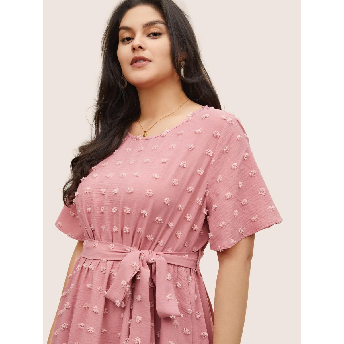 Plus Size Solid Textured Patchwork Frill Trim Belted Dress Watermelon Women Elegant Non Round Neck Short sleeve Curvy Midi Dress BloomChic 26/4X Product Image