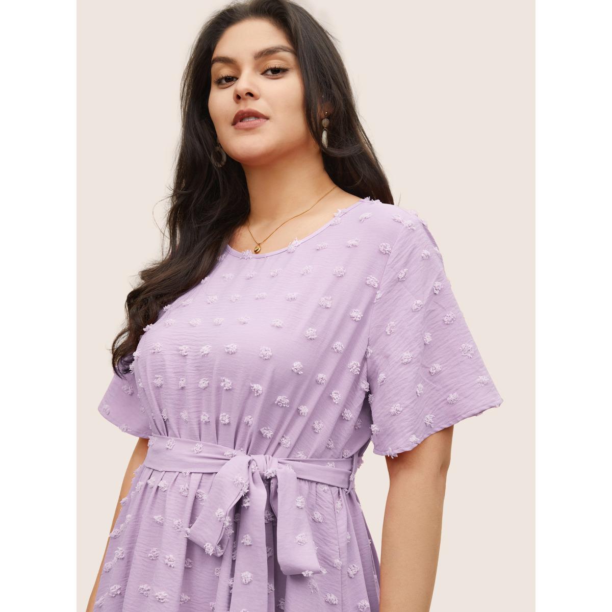 Plus Size Solid Textured Patchwork Frill Trim Belted Dress Lilac Women Elegant Non Round Neck Short sleeve Curvy Midi Dress BloomChic 12/L Product Image