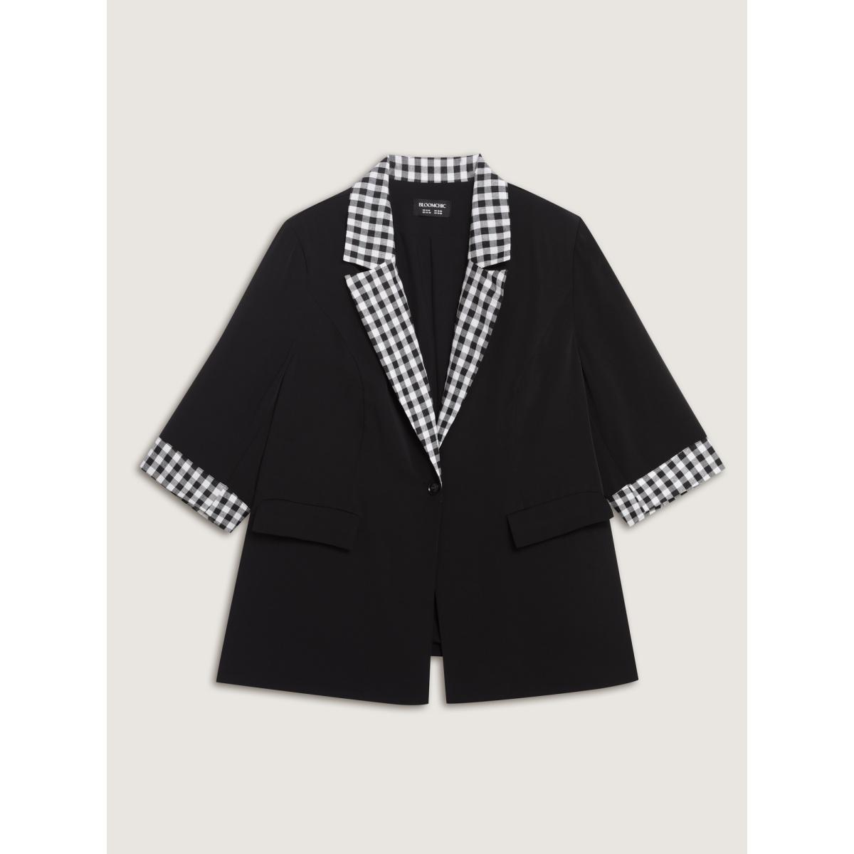 Plus Size Checkered Contrast Button Blazer Black Women Casual Contrast Sleeve Elbow-length sleeve Suit Collar 28/5X Open pocket with flap Leisure Blazers BloomChic Product Image