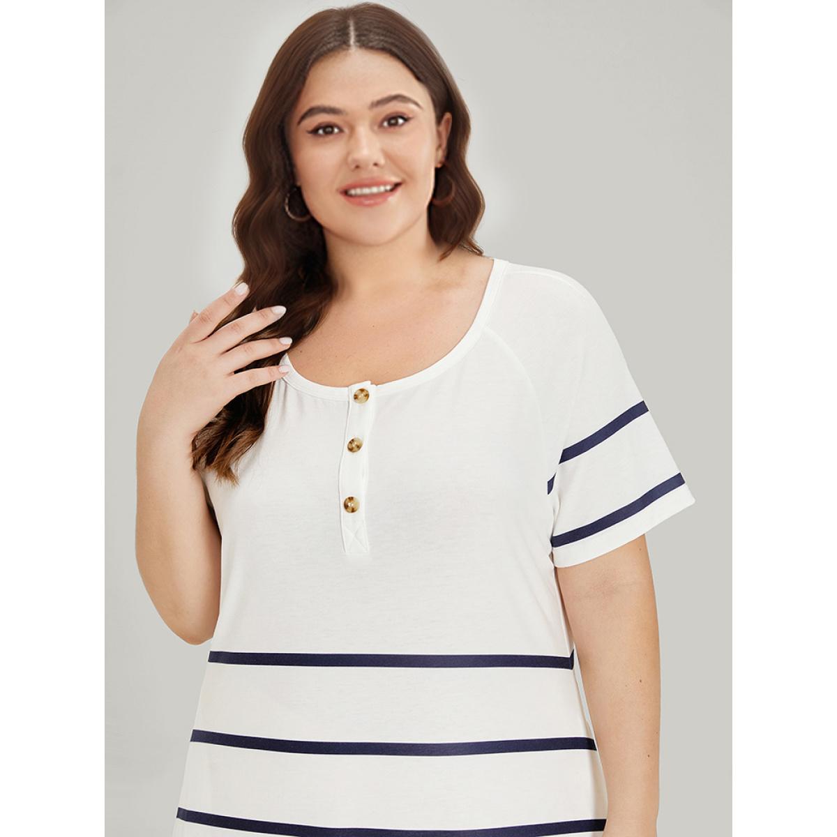 Plus Size Striped Button Through Pocket Raglan Sleeve Dress White Women Casual Contrast Round Neck Short sleeve Curvy Midi Dress BloomChic 28/5X Product Image