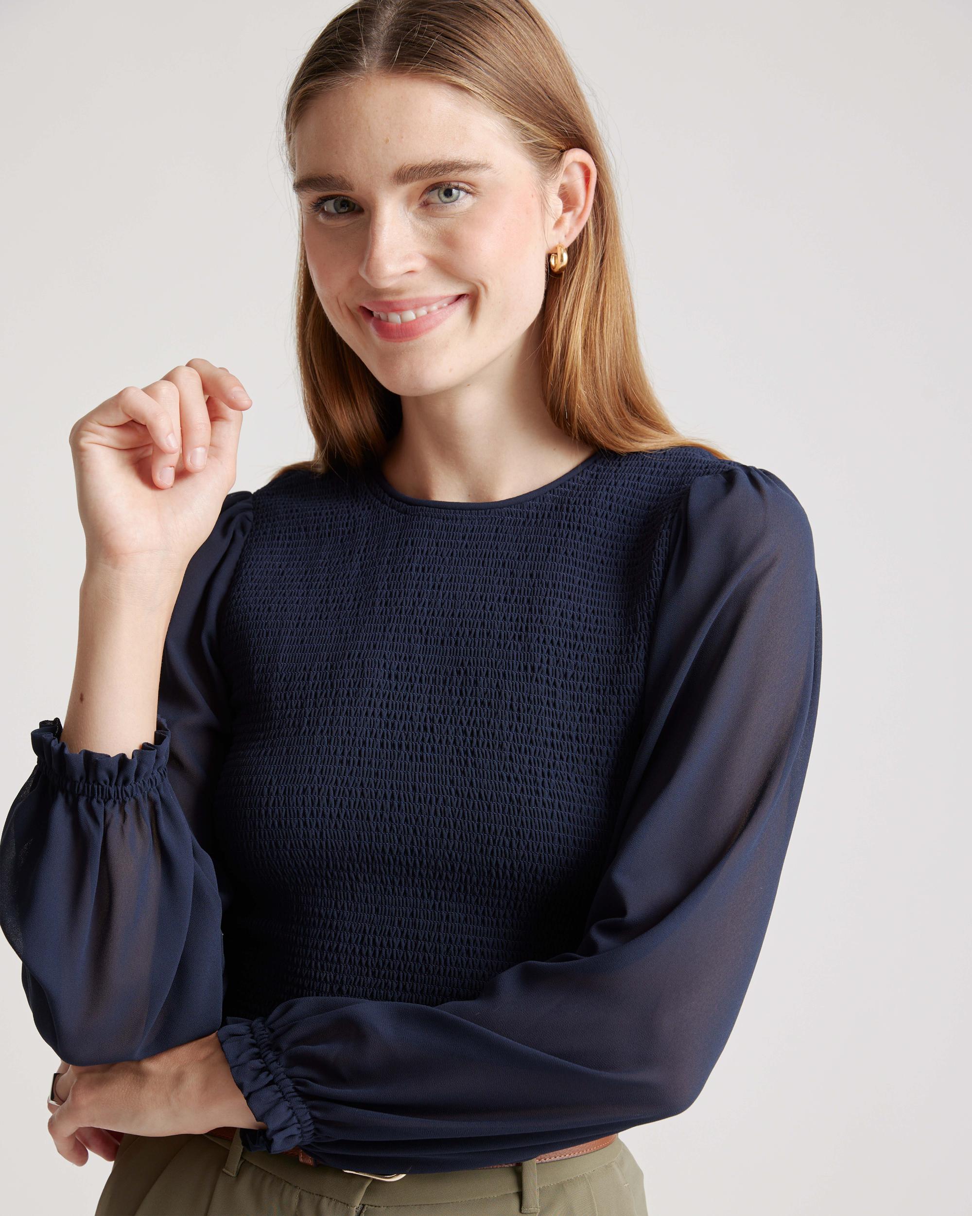 Quince | Women's Chiffon Cropped Smocked Blouse Size XS, Recycled Polyester Product Image