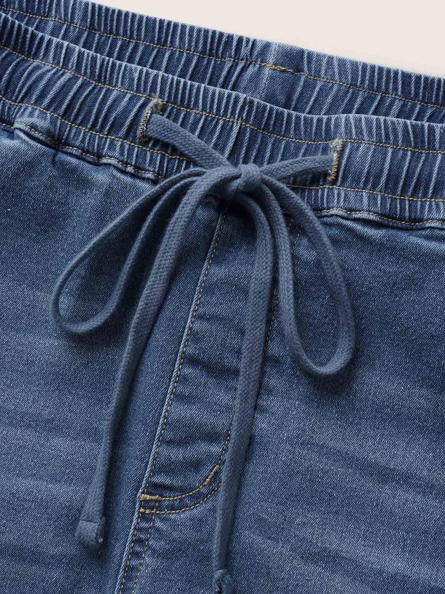 Light Wash Elastic Waist Drawstring Denim Shorts Female Product Image