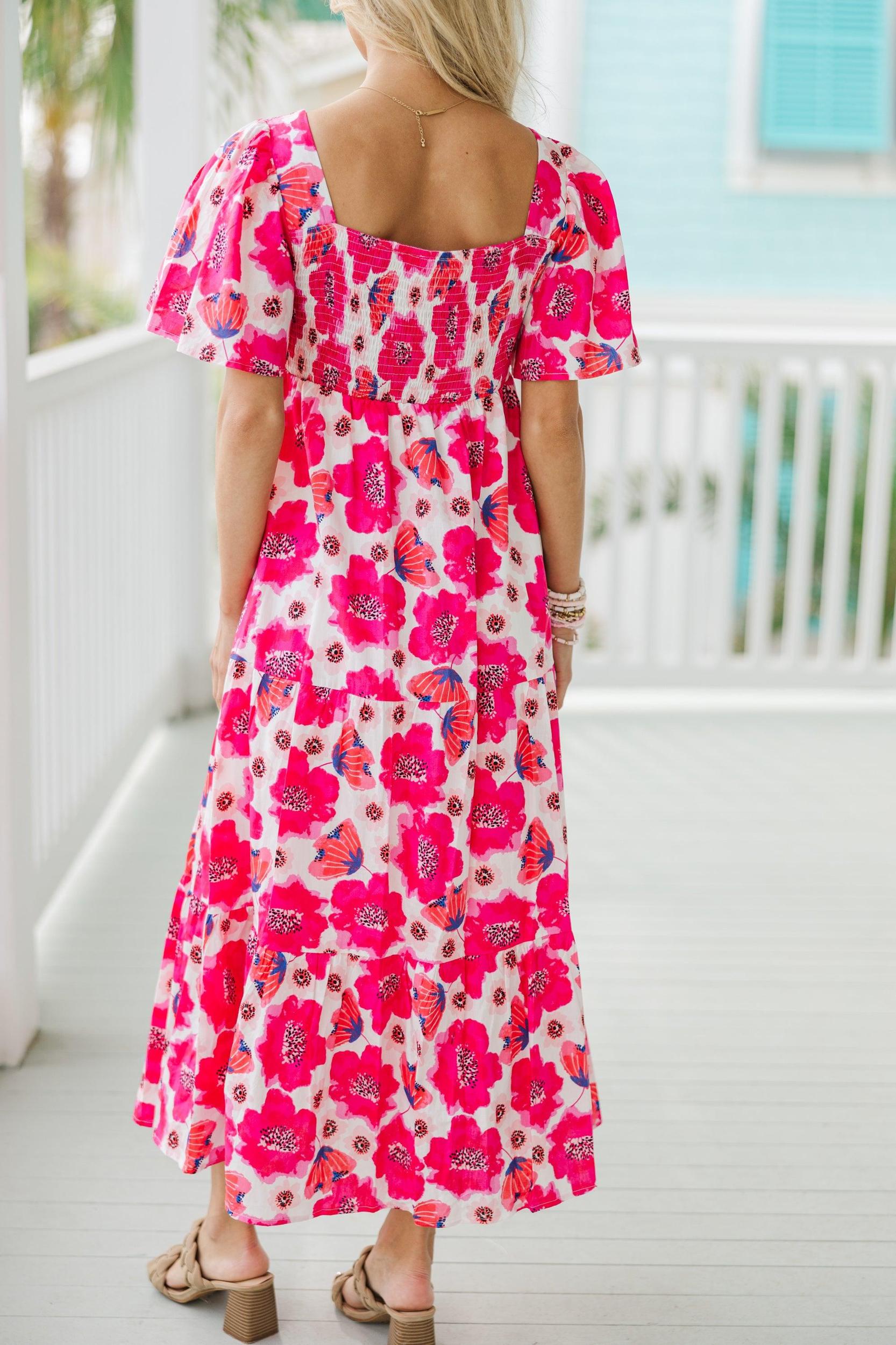 Answer The Call Hot Pink Floral Midi Dress Female Product Image