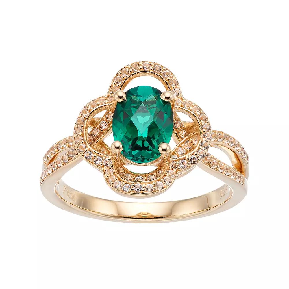 14k Gold Over Silver Lab-Created Emerald & White Sapphire Flower Ring, Womens Gold Tone Product Image