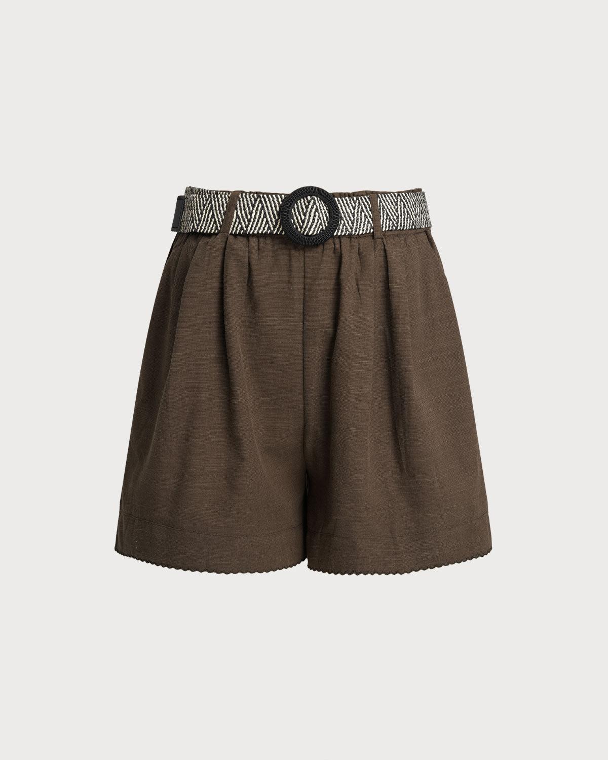 Coffee Elastic Waist Belted Shorts Product Image
