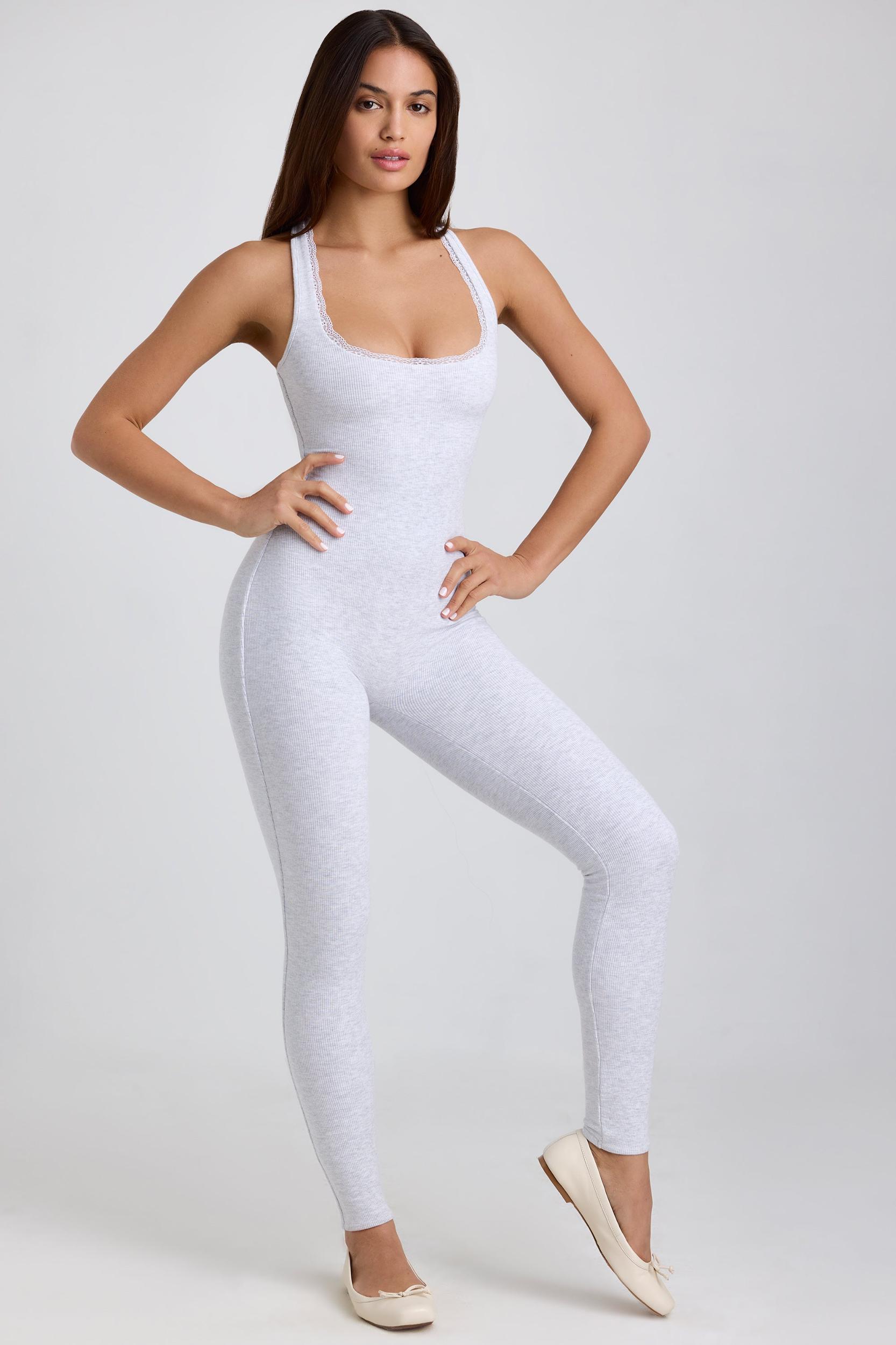Ribbed Modal Lace-Trim Jumpsuit in Grey Product Image