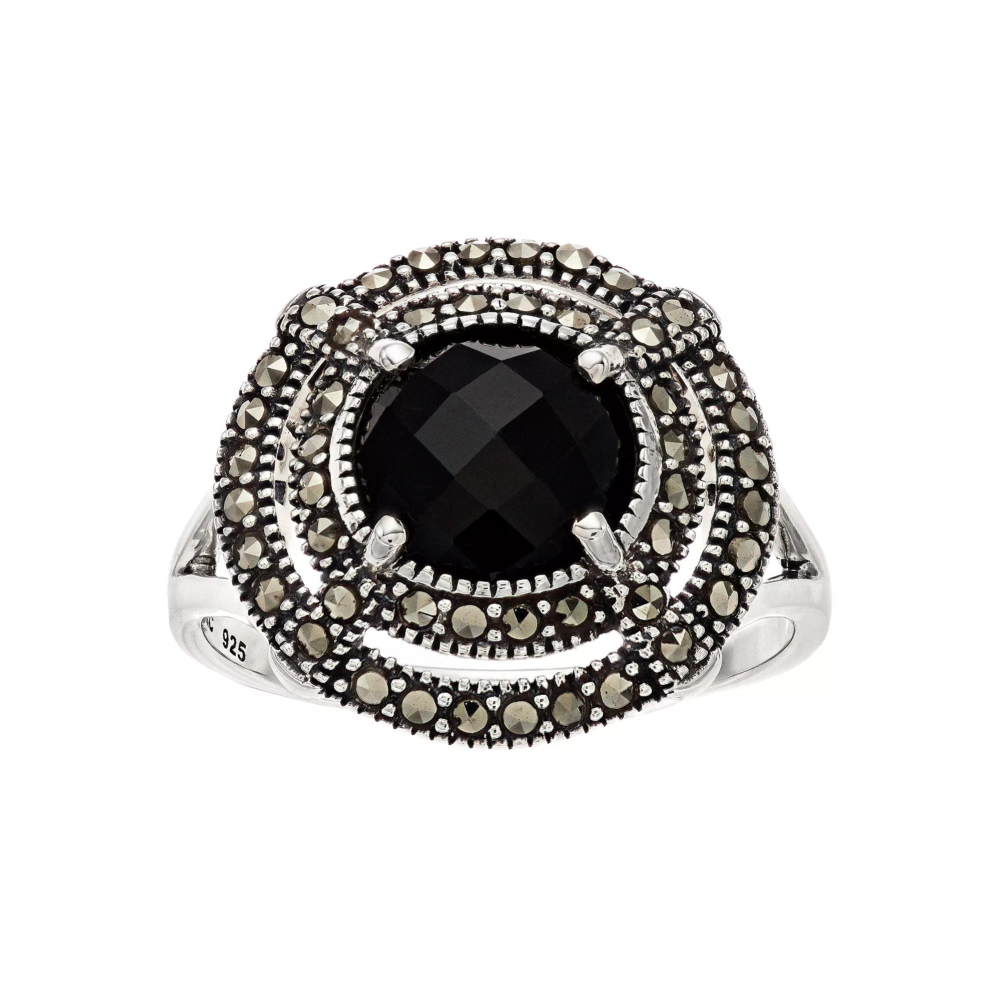 Lavish by TJM Sterling Silver Black Onyx & Marcasite Circle Ring, Women's, Size: 6 Product Image