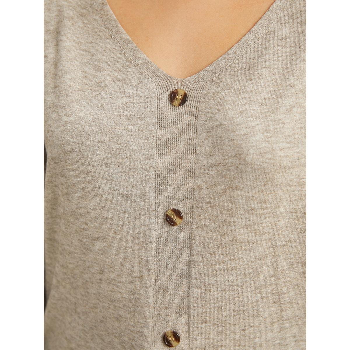 Plus Size Supersoft Essentials Button Detail Solid V Neck Cardigan Champagne Women Casual Elbow-length sleeve Dailywear Cardigans BloomChic 10/M Product Image