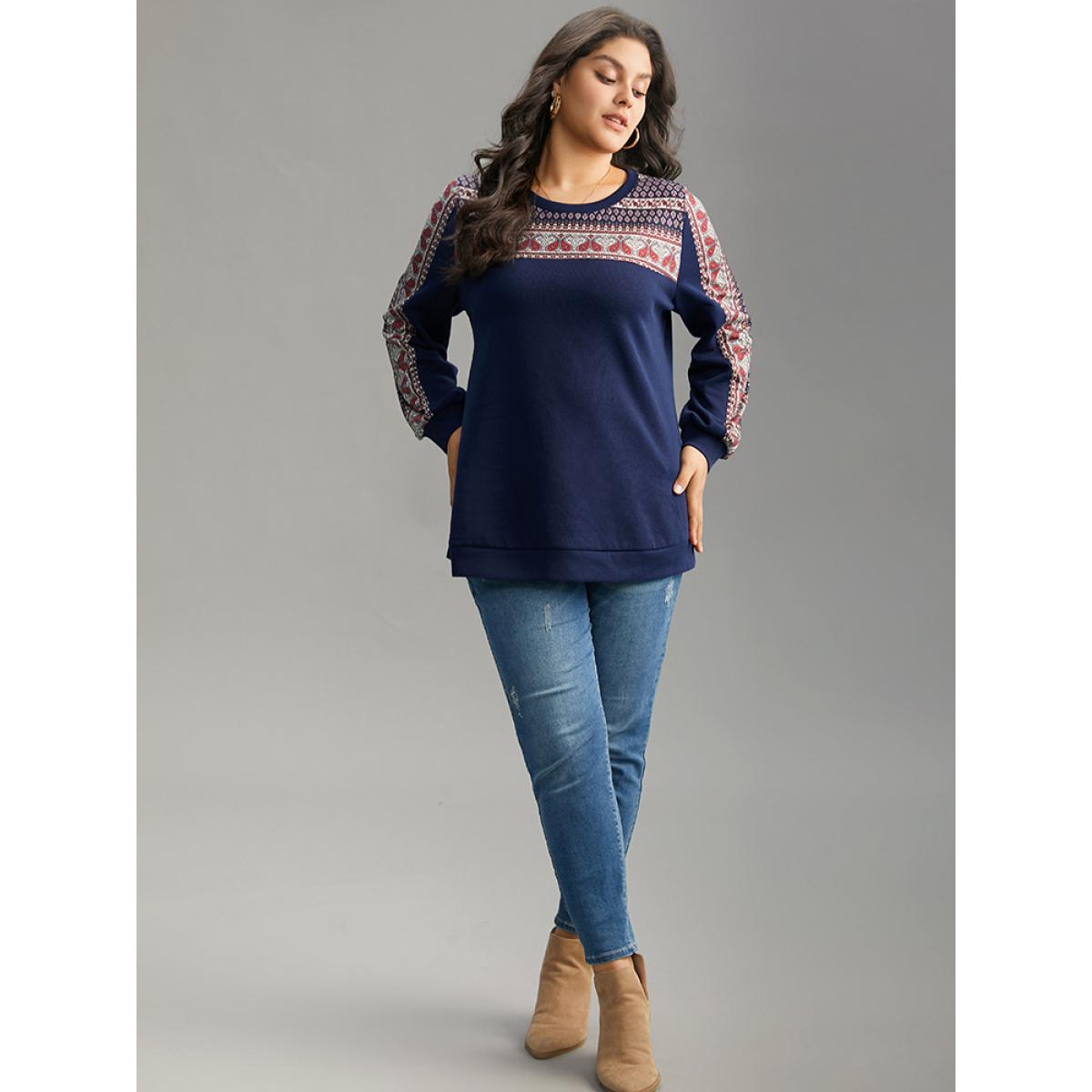 Plus Size Paisley Contrast Patchwork Rib Knit Sweatshirt Women DarkBlue Elegant Contrast Round Neck Dailywear Sweatshirts BloomChic 10/M Product Image