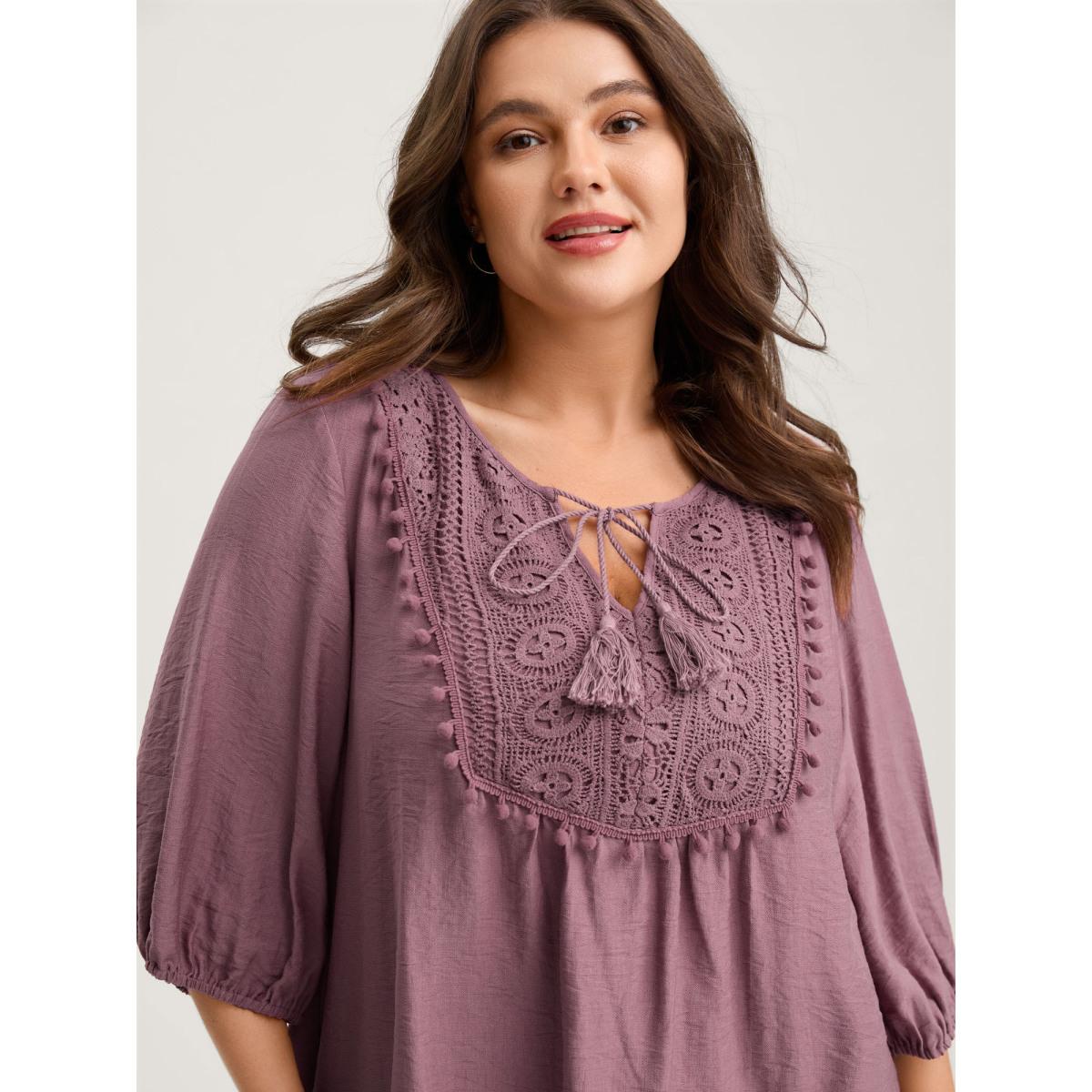 Plus Size Mauve Lace Neck Tie Flowy Solid Blouse Women Boho Elbow-length sleeve V-neck Vacation Blouses BloomChic 10/M Product Image