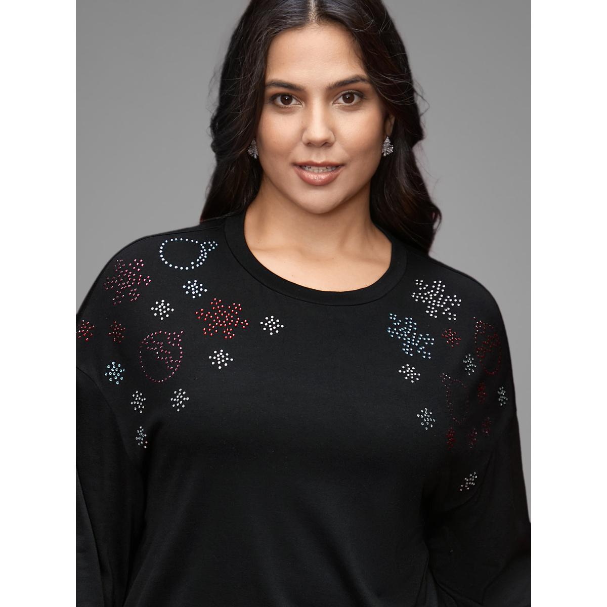 Plus Size Rhinestone Embellished Shoulder Round Neck Tee Black Women Casual Rhinestone detailing Round Neck Everyday T-shirts BloomChic 14-16/1X Product Image