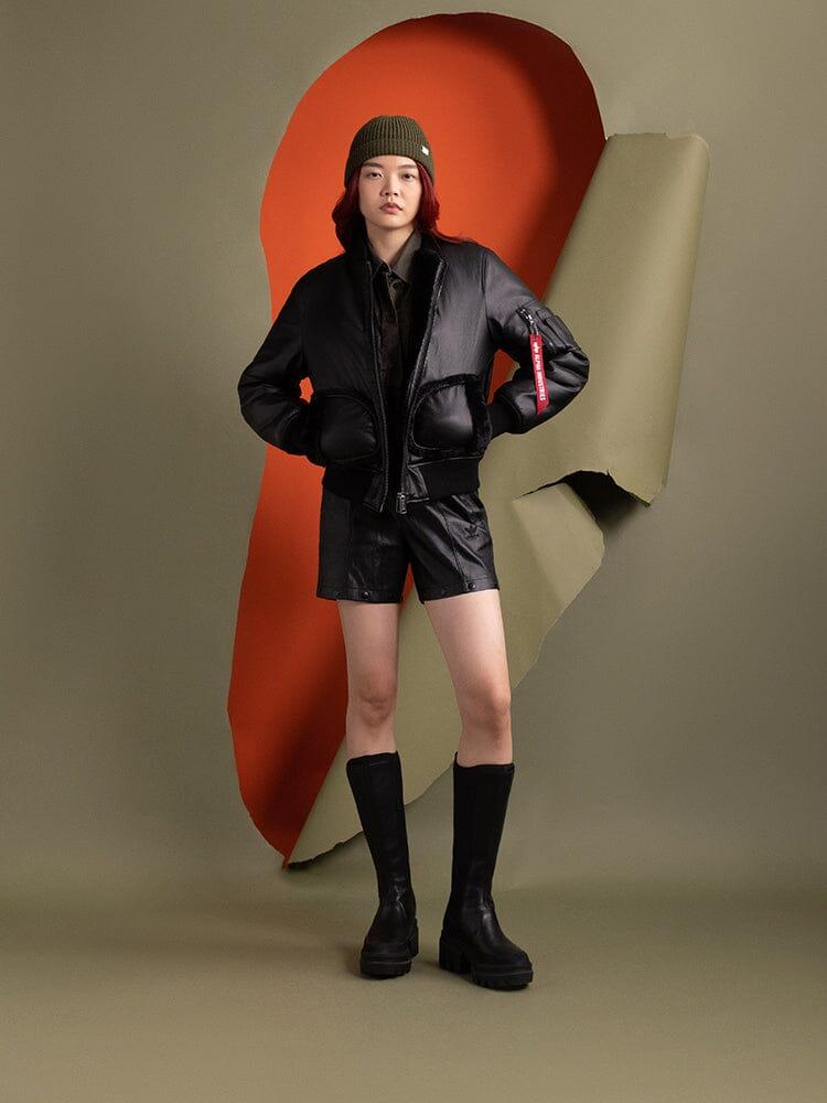 WOMEN'S REVERSIBLE FAUX LEATHER MA-1 BOMBER JACKET Product Image