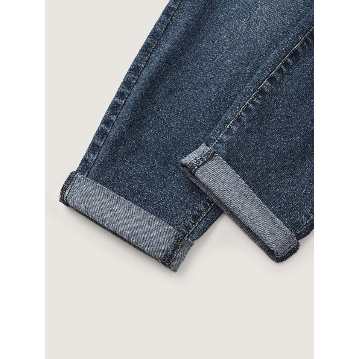 Plus Size Drawstring Elastic Waist Roll Hem Jeans Women DarkBlue Leisure Plain Drawstring High stretch Slanted pocket Jeans BloomChic 20/2X Product Image