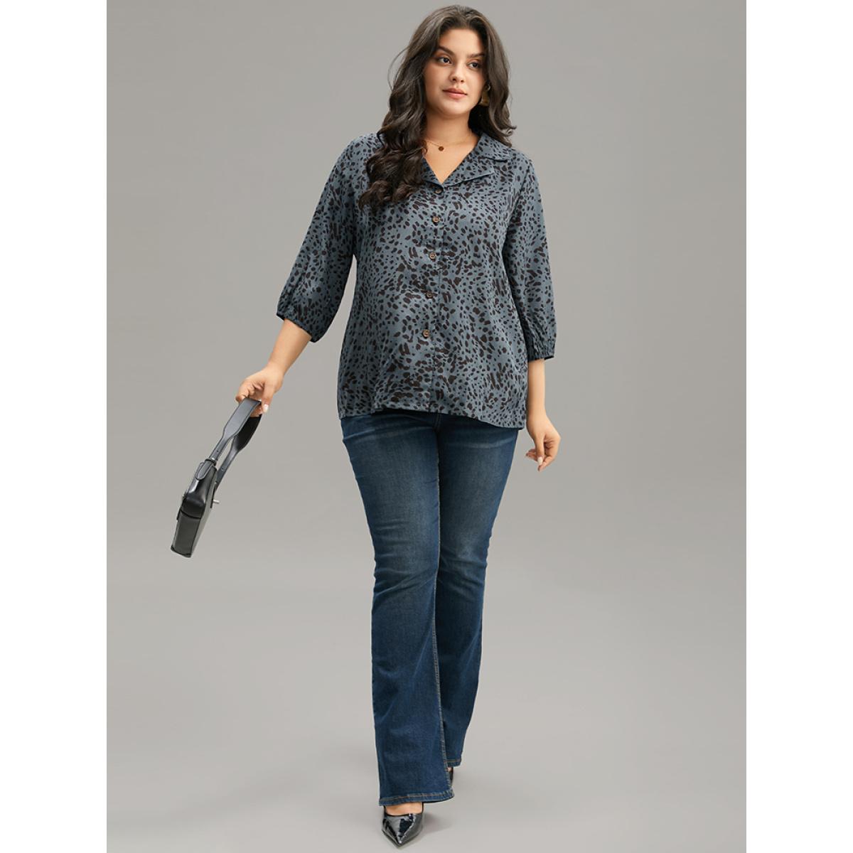 Plus Size Stone Leopard Suit Collar Elastic Cuffs Button Through Blouse Women Office Elbow-length sleeve Suit Collar Office Blouses BloomChic 30/6X Product Image