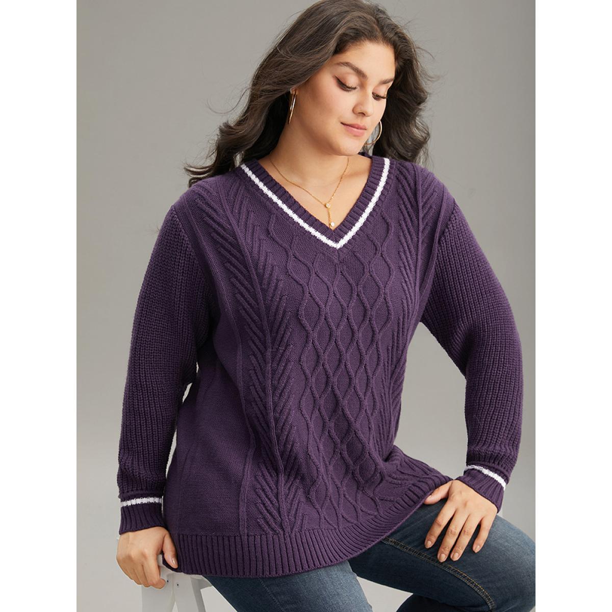 Plus Size Plain Texture Contrast V Neck Cable Knit Pullover Eggplant Women Casual Loose Long Sleeve V-neck Dailywear Pullovers BloomChic 10/M Product Image