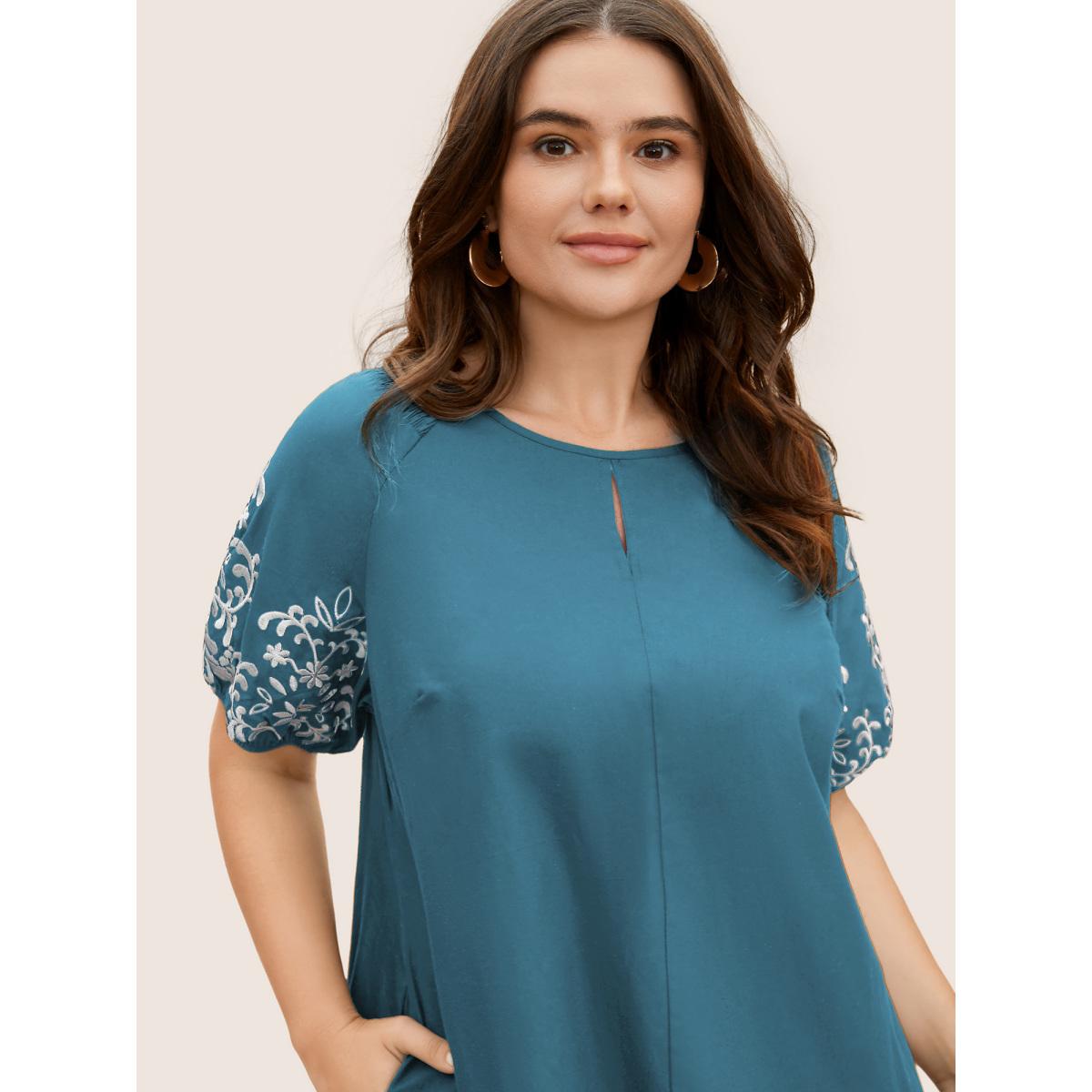 Plus Size Floral Embroidered Keyhole Lantern Sleeve Dress Cerulean Women Casual Gathered Round Neck Half Sleeve Curvy BloomChic 10/M Product Image