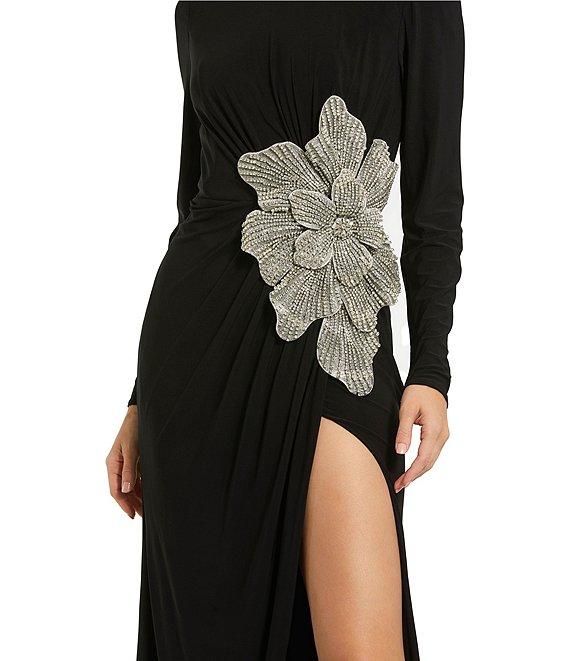 Mac Duggal Long Sleeve Embellished Flower Applique Jersey Gown Product Image