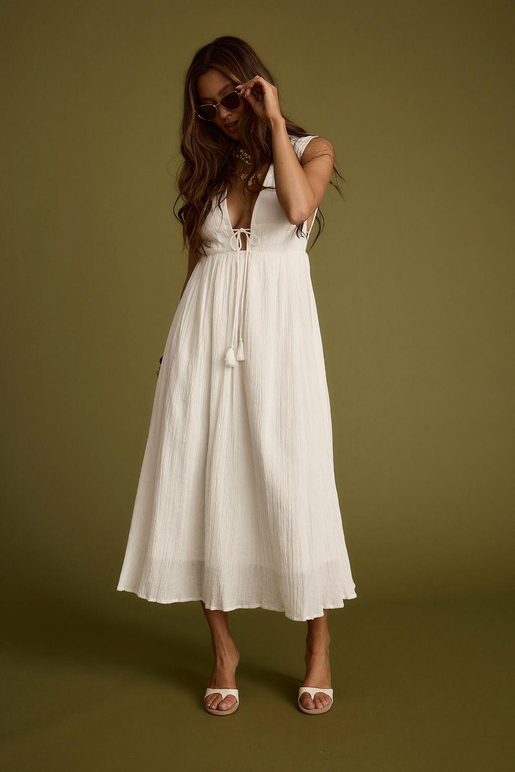 Turks Plunge White Gauze Maxi Dress Product Image
