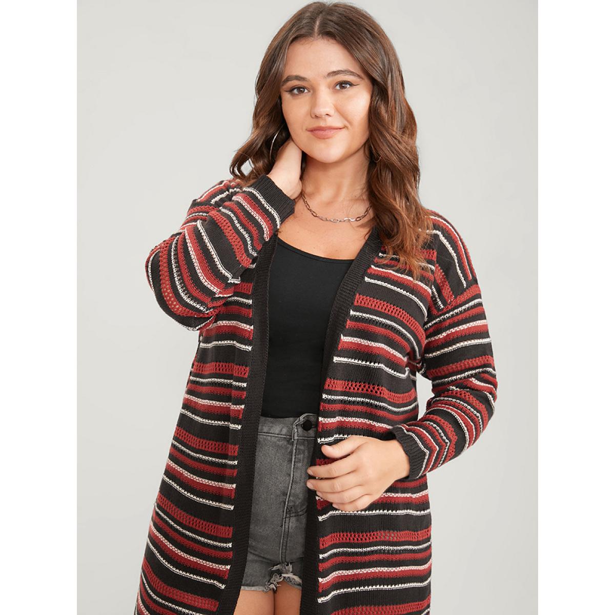 Plus Size Striped Contrast Pointelle Knit Pocket Open Front Long Cardigan Multicolor Women Casual Loose Long Sleeve Dailywear Cardigans BloomChic 18-20/2X Product Image