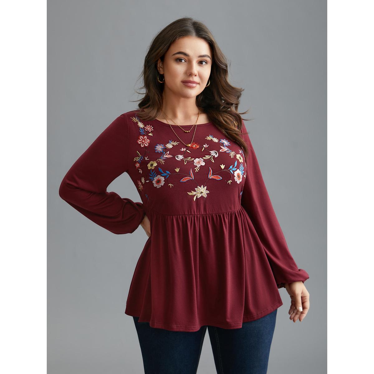 Plus Size Floral Embroidery Gathered Lantern Sleeve T-shirt Scarlet Women Elegant Gathered Natural Flowers Boat Neck Everyday T-shirts BloomChic 10/M Product Image