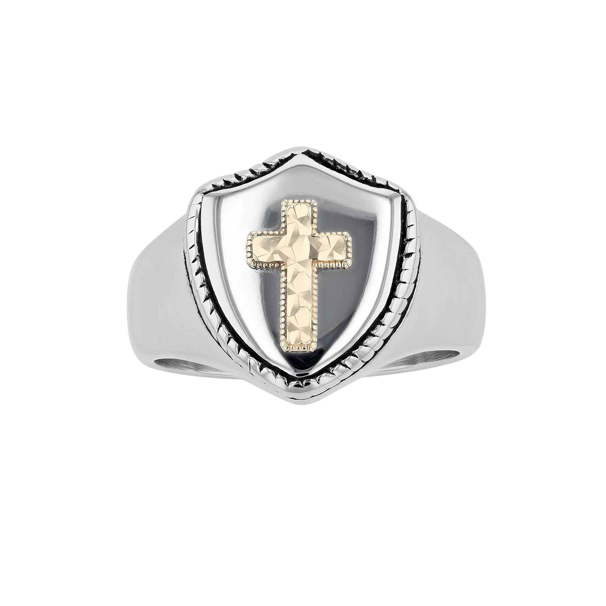 Men's Kristen Kesho 14k Gold Over Steel Cross & Shield Signet Ring, Size: 9, Stainless Product Image