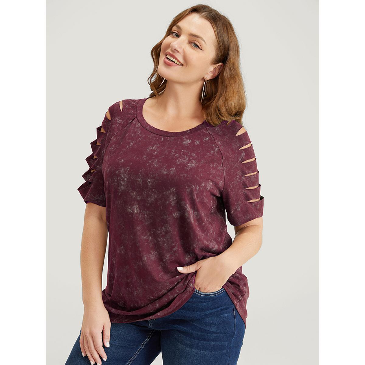 Plus Size Solid Cut Out Raglan Sleeve T-shirt Burgundy Women Casual Cut-Out Plain Round Neck Dailywear T-shirts BloomChic 30/6X Product Image