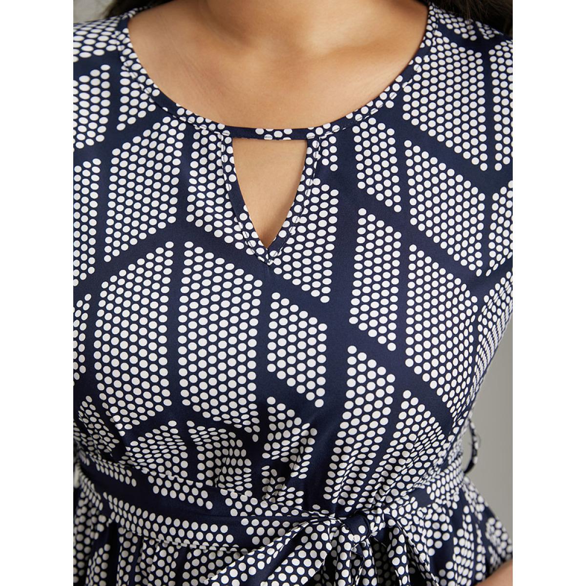 Plus Size Polka Dot Geometric Keyhole Belted Dress Indigo Women At the Office Belted Keyhole Cut-Out Half Sleeve Curvy Midi Dress BloomChic 22-24/3X Product Image
