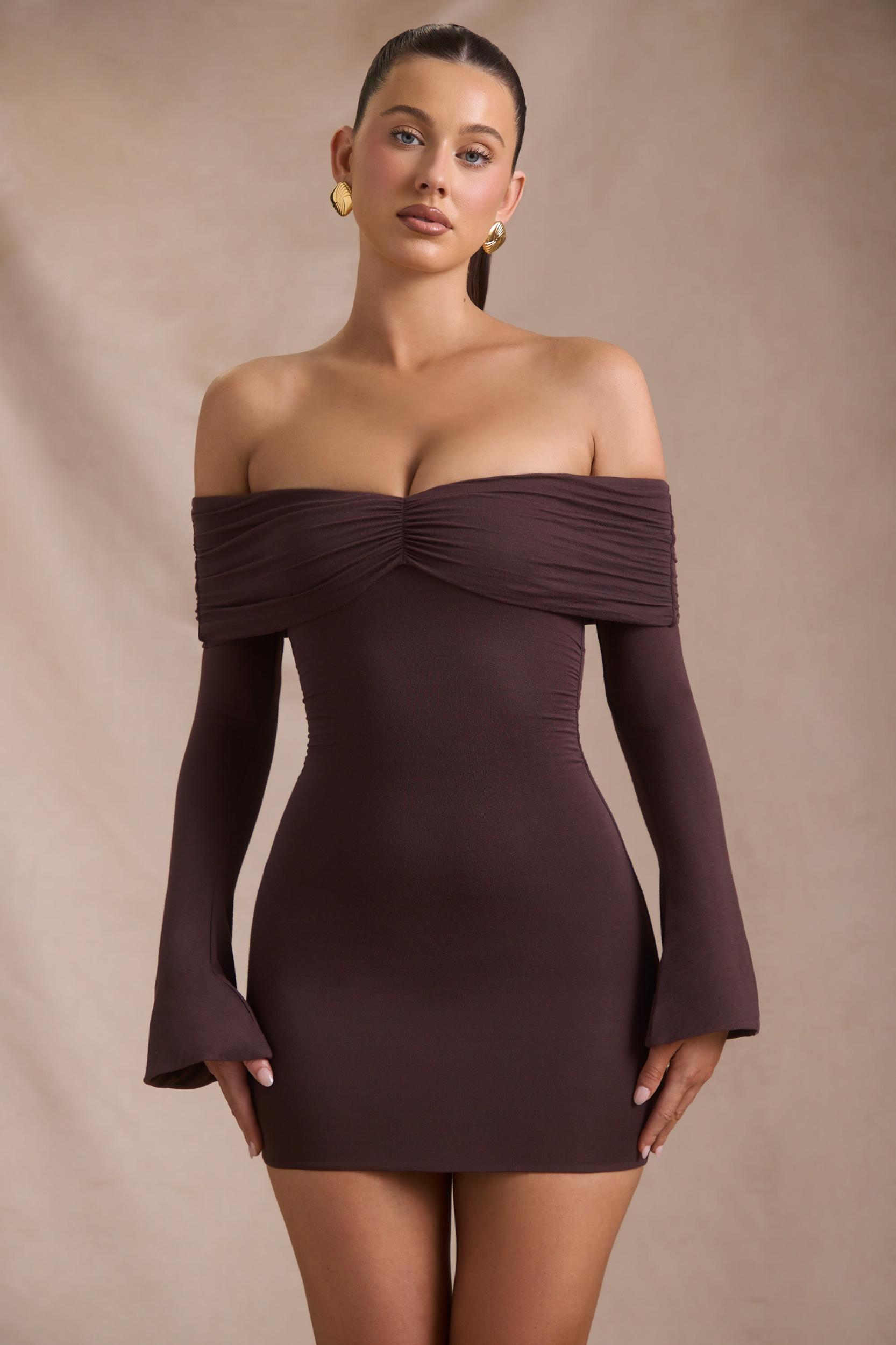 Modal-Cashmere Blend Off-Shoulder Ruched Mini Dress in Espresso Product Image