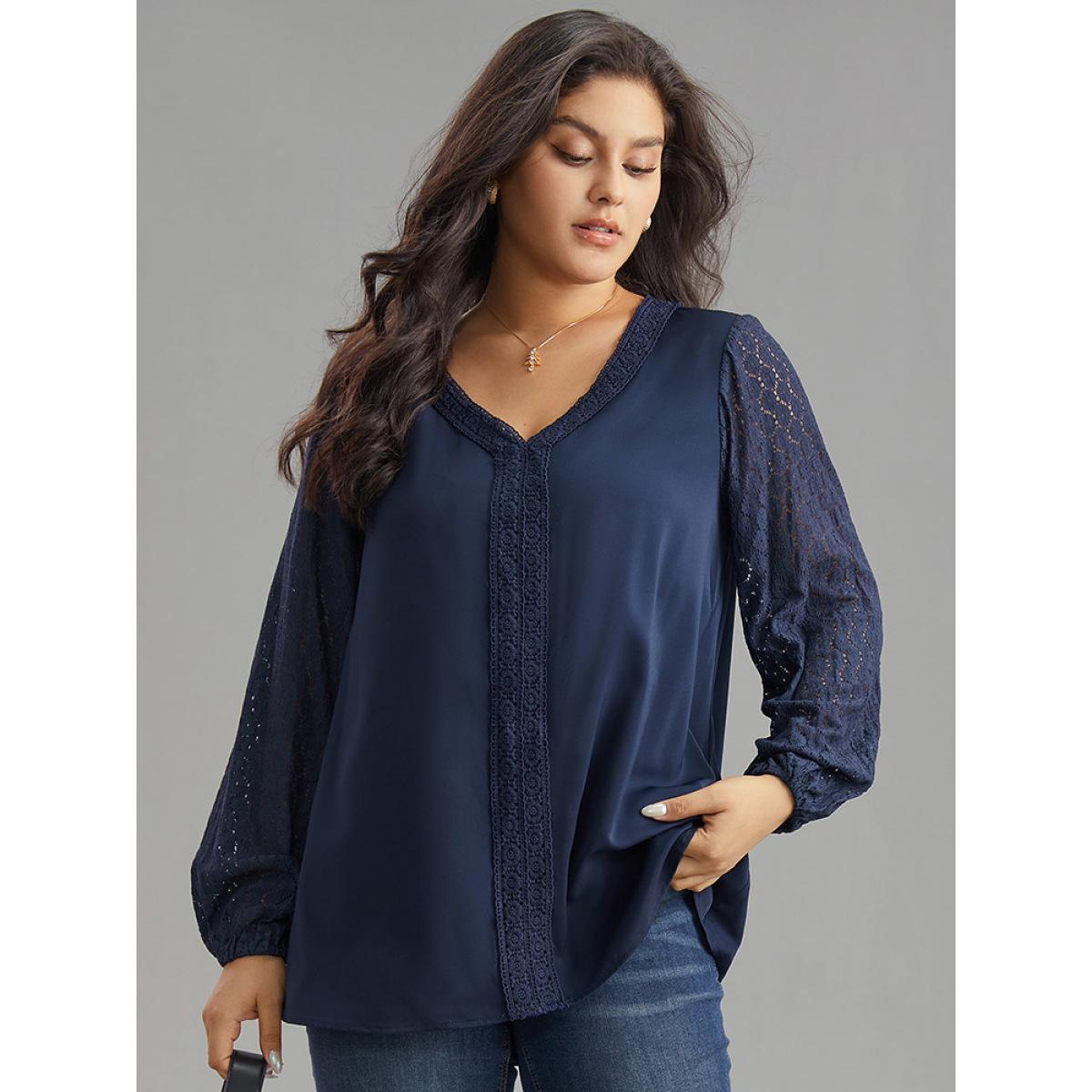 Plus Size Indigo V Neck Guipure Lace Lantern Sleeve Blouse Women Office Long Sleeve V-neck Office Blouses BloomChic 30/6X Product Image