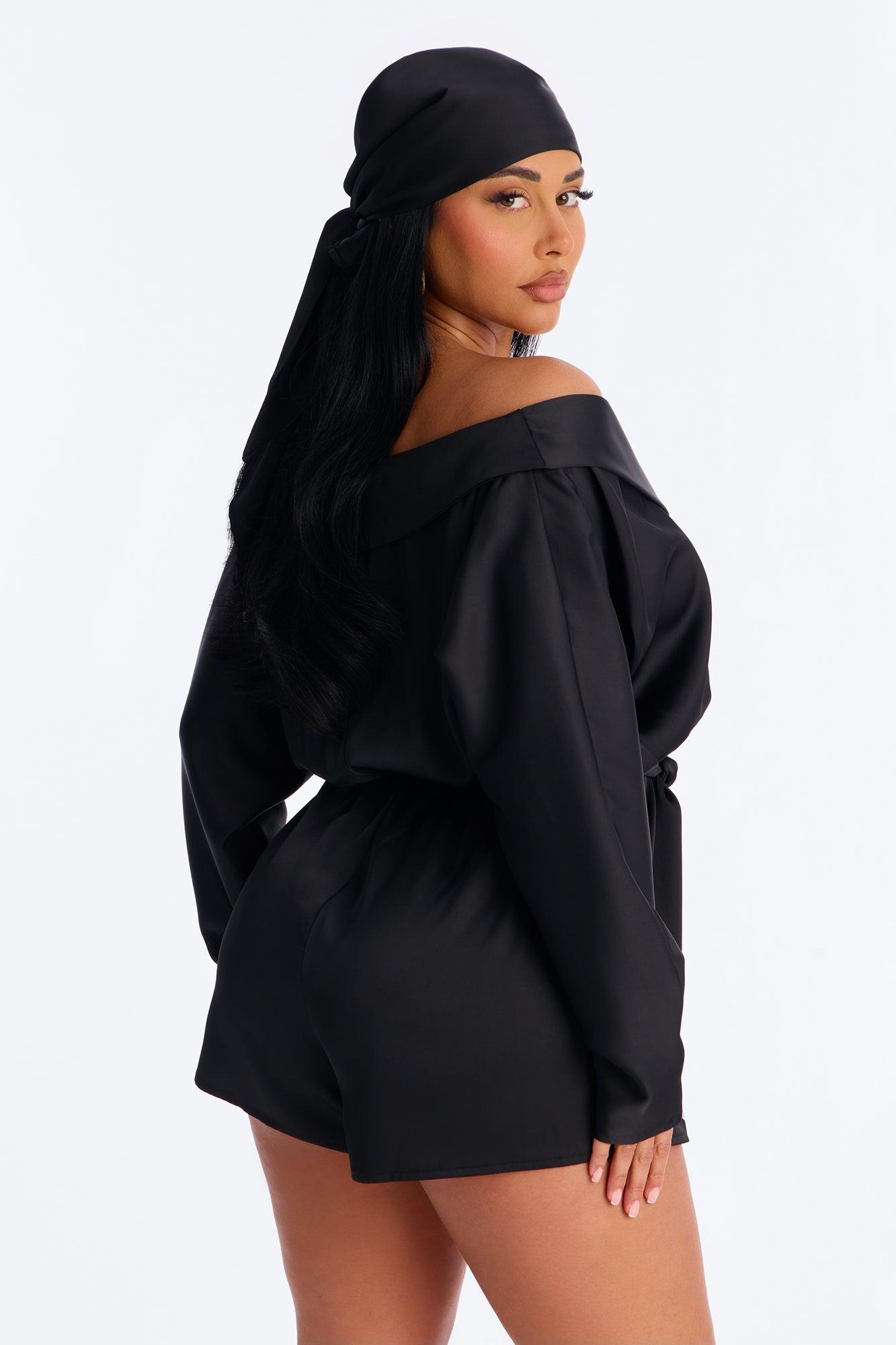 Gelina Satin Romper And Headscarf 2 Piece Set - Black Female Product Image