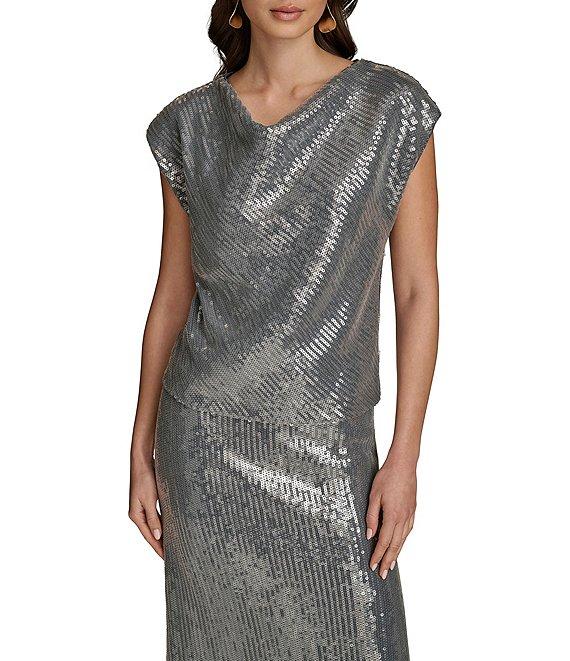 Donna Karan Sequin Cowl Neck Cap Sleeve Top Product Image