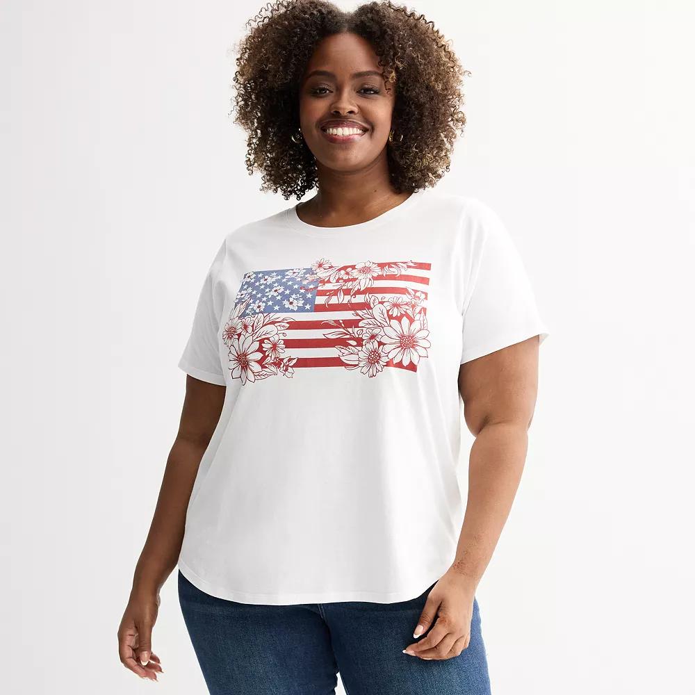 Plus Size Floral American Flag Graphic Tee, Women's, Size: 3XL, White Product Image