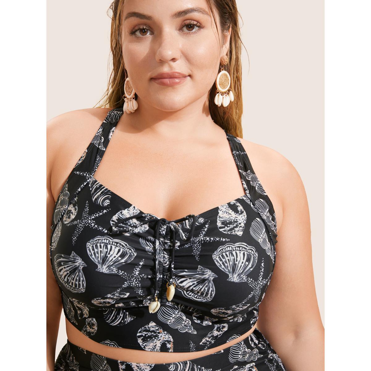 Plus Size Shell Print Drawstring Ruched Skinny Swim Top Women's Swimwear Black Beach Gathered High stretch Skinny Heart neckline Curve Swim Tops BloomChic 18-20/2X Product Image