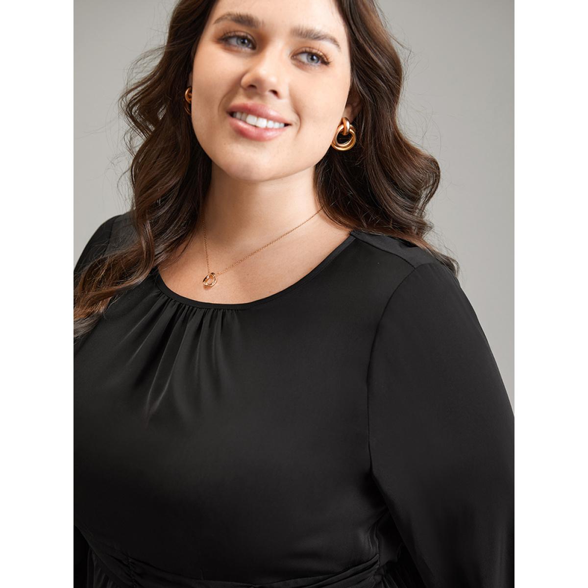 Plus Size Black Anti-Wrinkle Plain Ruched Elastic Waist Blouse Women Office Long Sleeve Round Neck Office Blouses BloomChic 10/M Product Image