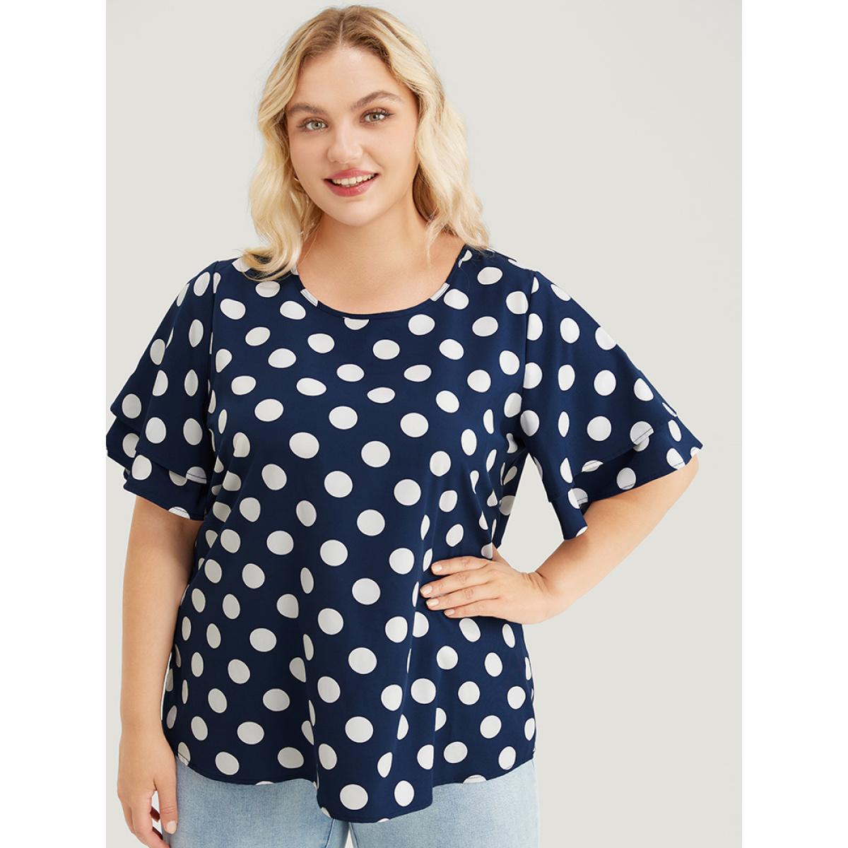 Plus Size Indigo Polka Dot Ruffle Tiered Sleeve Blouse Women Office Short sleeve Round Neck Office Blouses BloomChic 10/M Product Image