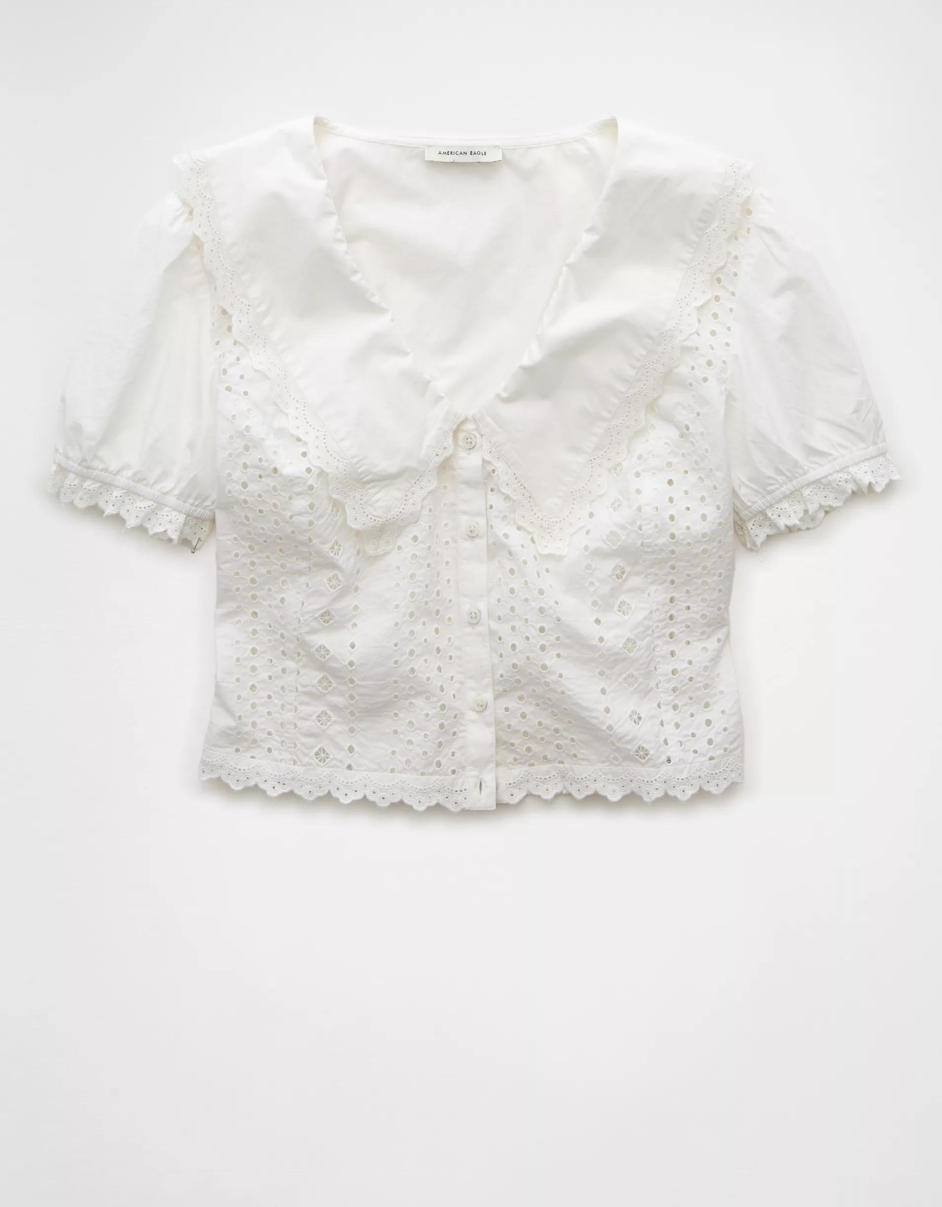 AE Short-Sleeve Ruffle Collar Eyelet Crop Top Product Image
