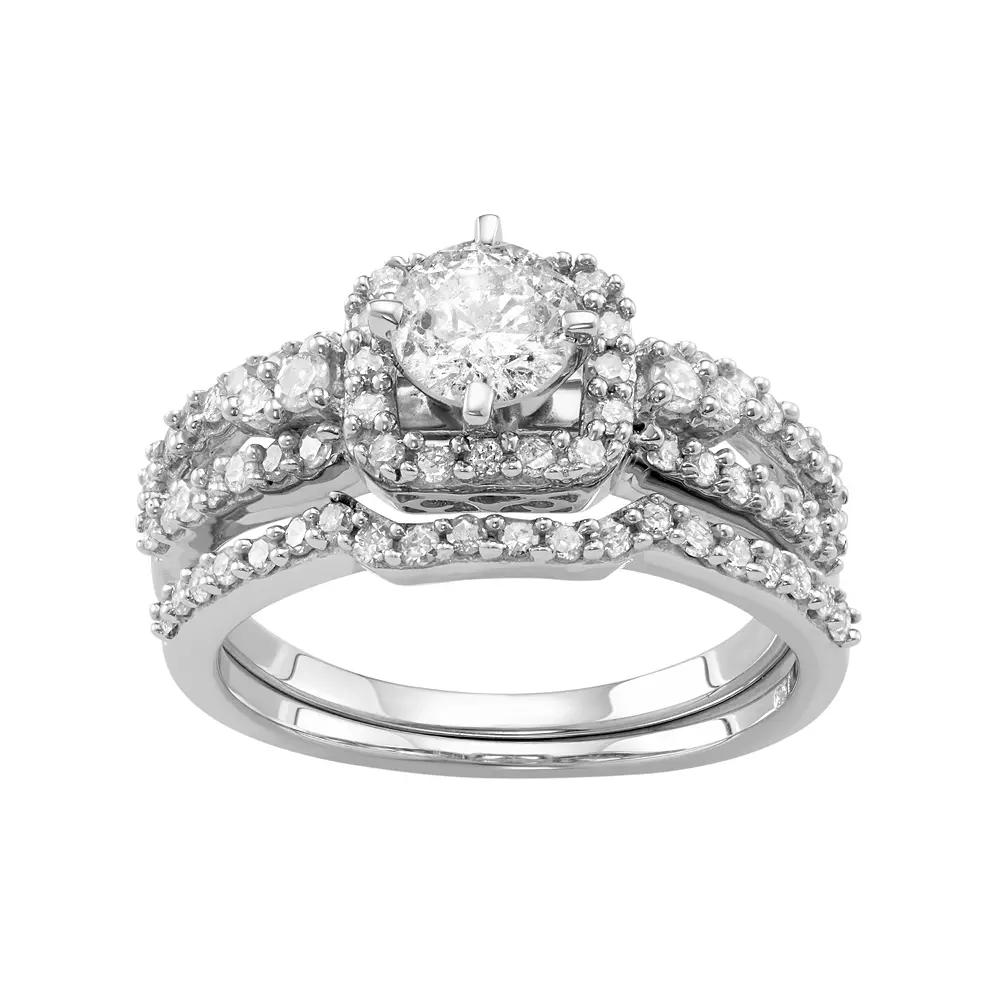 10k White Gold 1 Carat T.W. Diamond Tiered Halo Engagement Ring Set, Women's, Size: 8, 10k Whgold Product Image