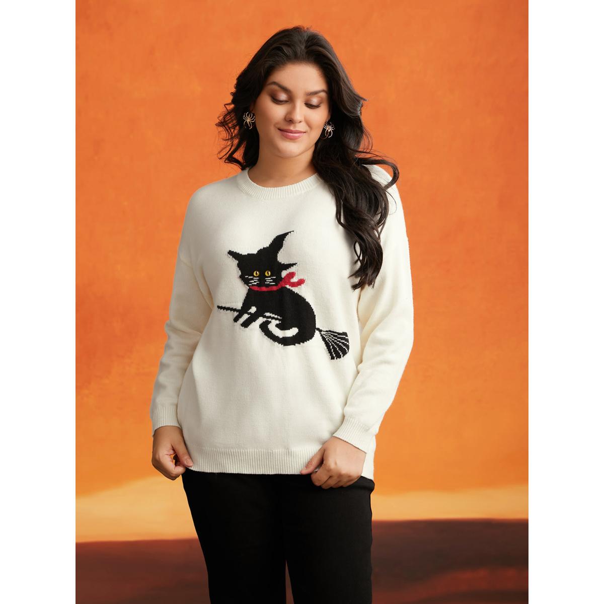 Plus Size Supersoft Essentials Bewitched Cat Crew Neck Pullover Ivory Women Casual Long Sleeve Round Neck Everyday Pullovers BloomChic 30/6X Product Image