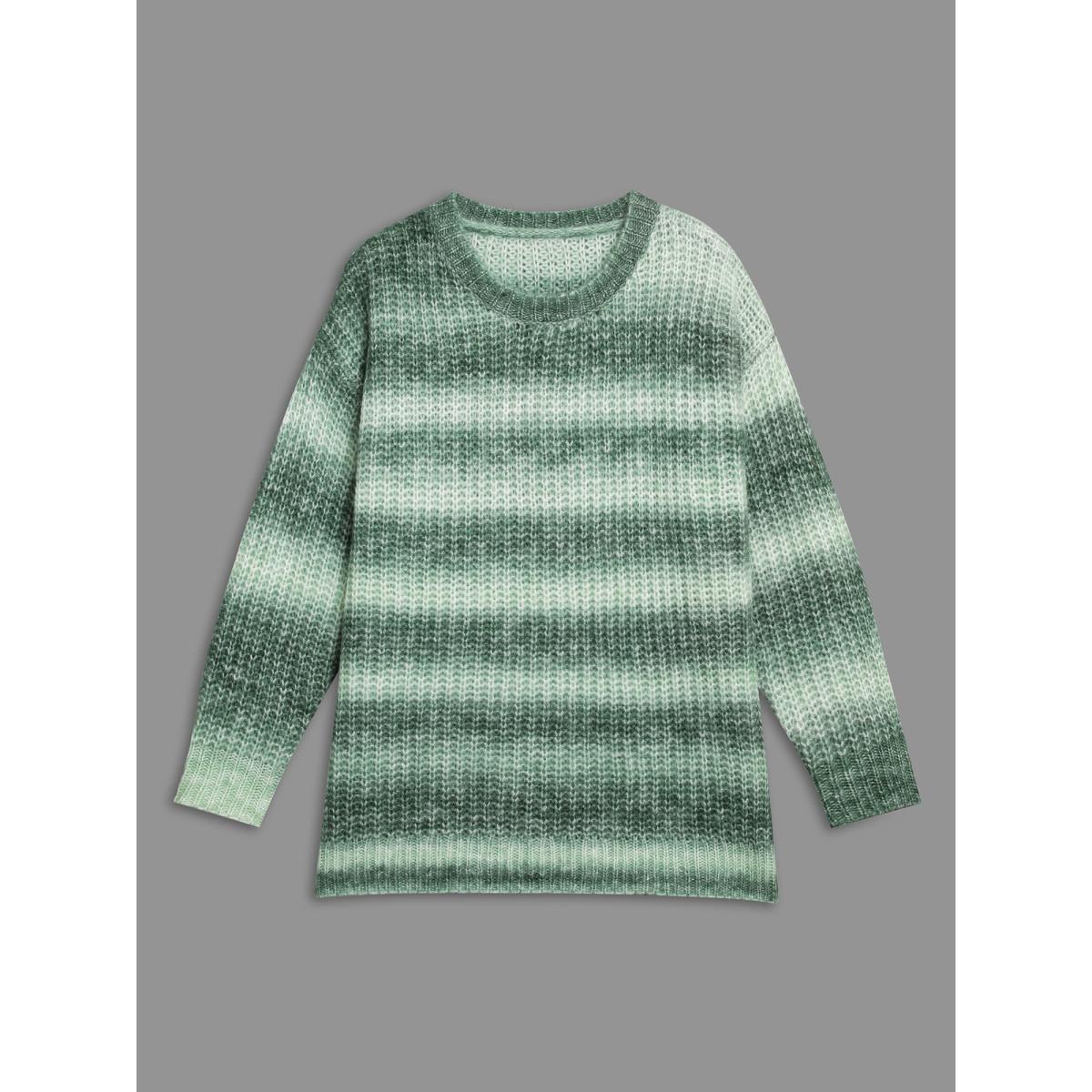 Plus Size Striped Ribbed Knit Drop Shoulder Pullover Moss Women Casual Loose Long Sleeve Round Neck Everyday Pullovers BloomChic 14-16/1X Product Image