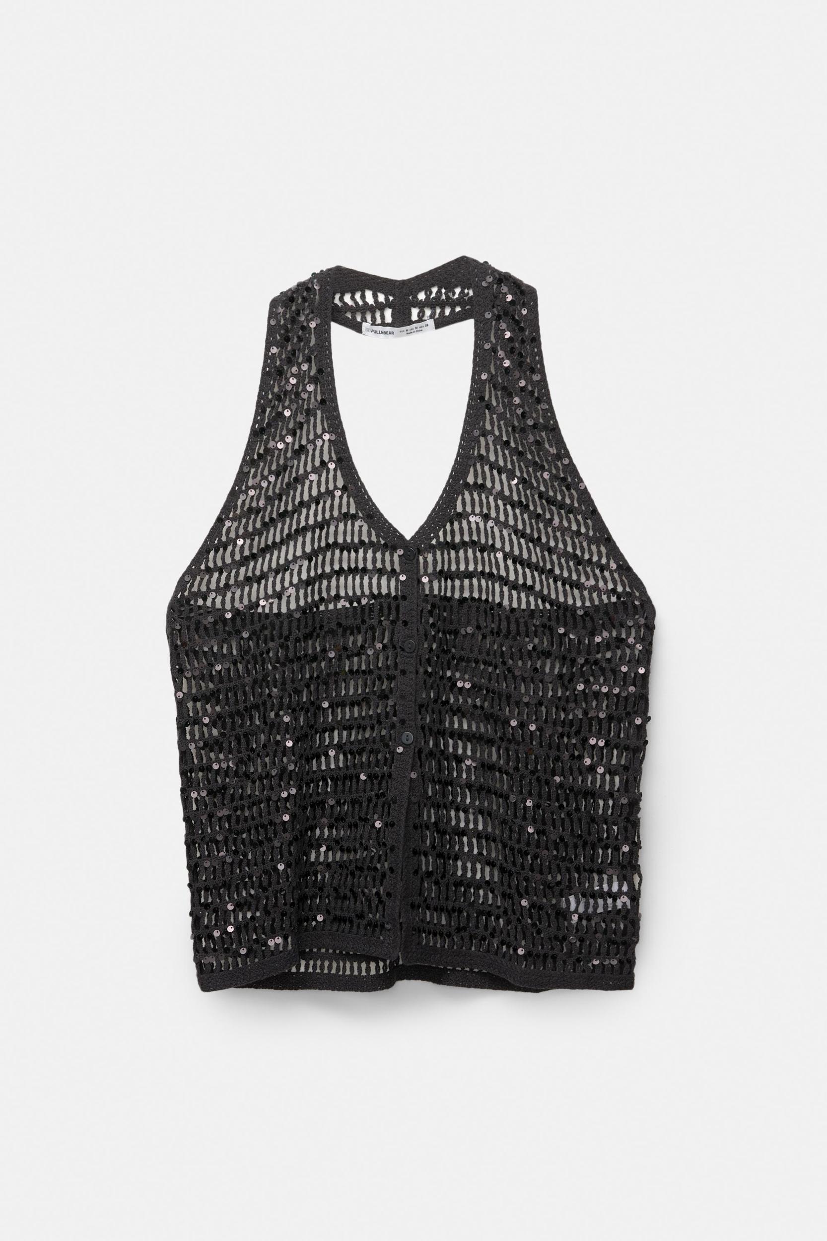 Sequined crochet halter top Product Image