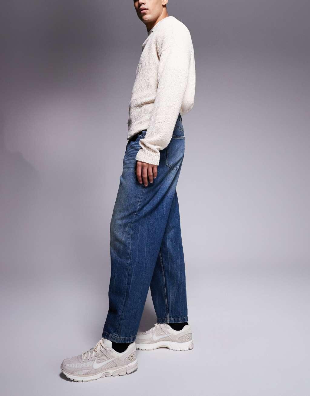 ASOS DESIGN balloon fit jeans with vintage tint in mid dark wash blue Product Image