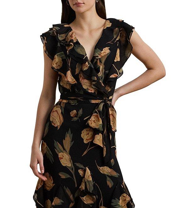 Lauren Ralph Lauren Georgette Floral Print V Neck Cap Sleeve Ruffle Belted Sheath Gown Product Image