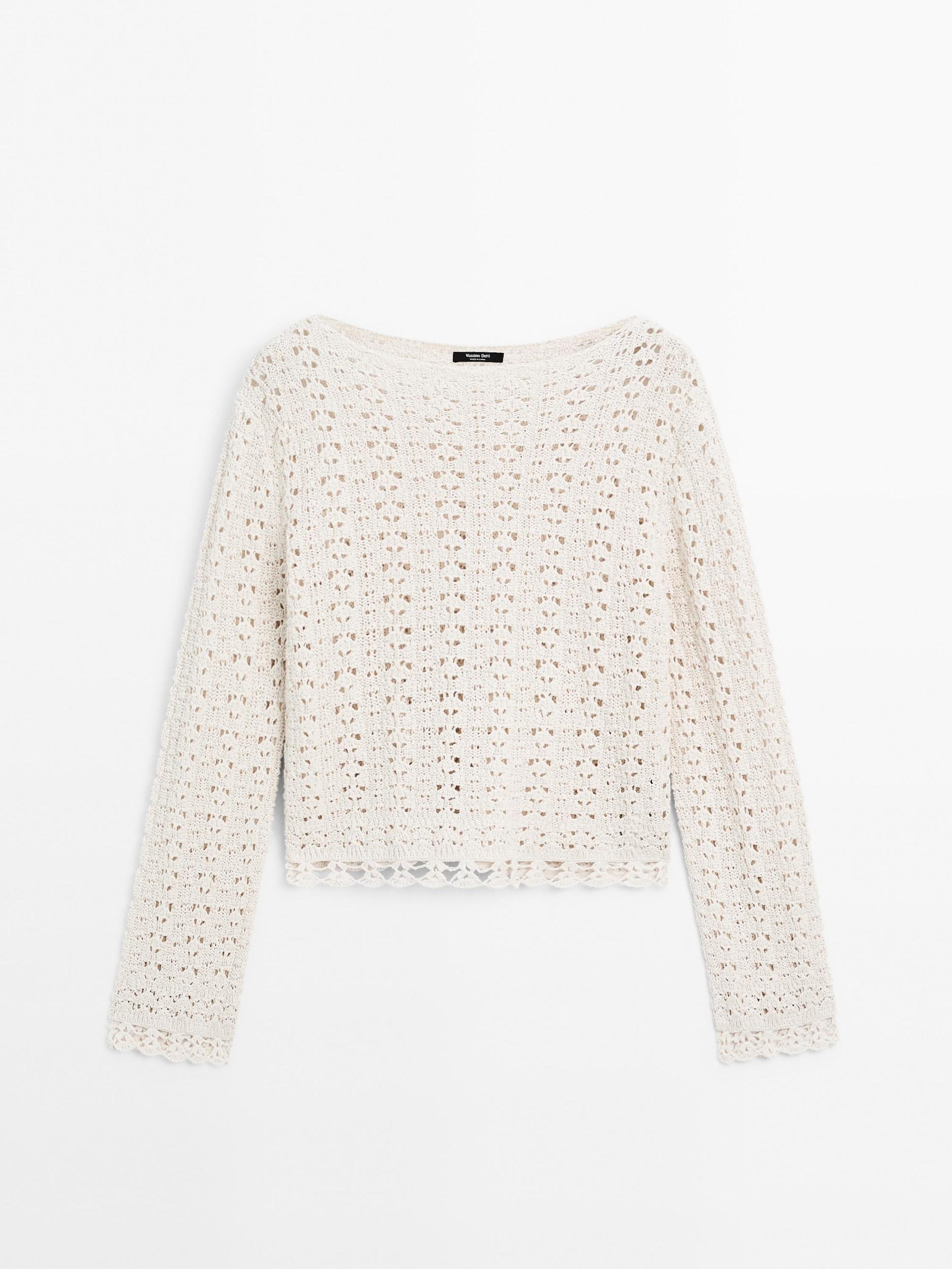 Cotton blend openwork crochet sweater Product Image