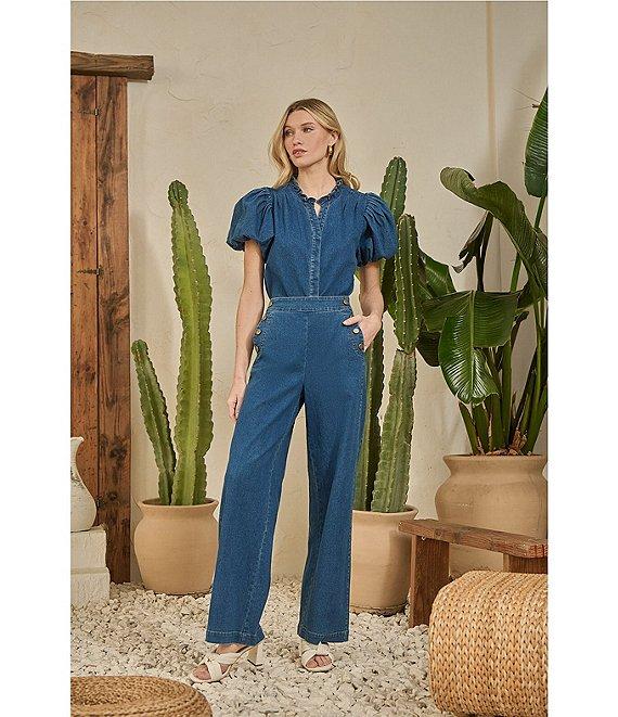 Sugarlips Jamie Stretch Denim Jayla Split Neck Short Puff Sleeves Button Front Coordinating Shirt Product Image