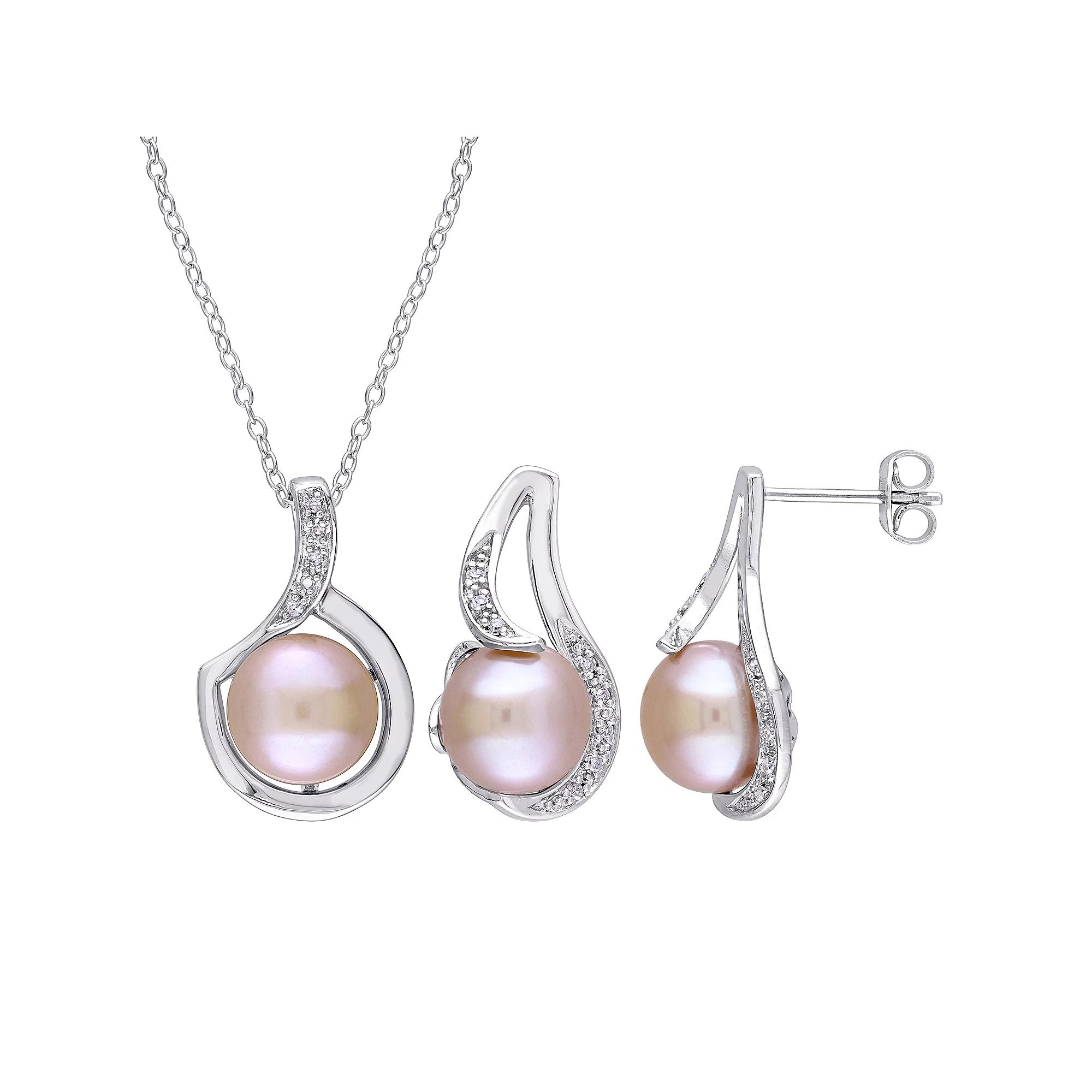Stella Grace Sterling Silver 1/10 Carat T.W. Diamond & Dyed Freshwater Cultured Pearl Pendant & Earring Set, Women's, Size: 18", Silvertone Product Image