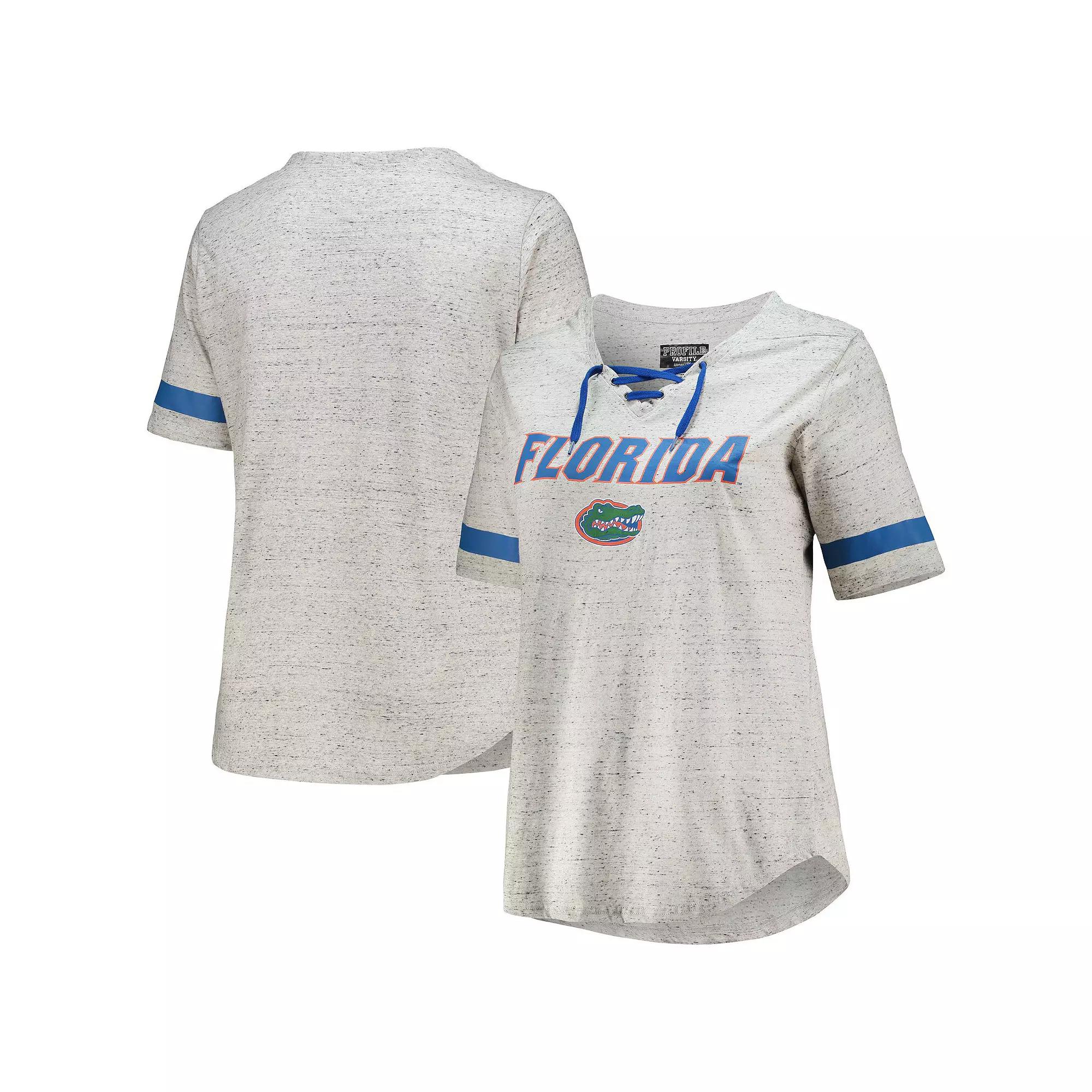 Women's Heathered Gray Florida Gators Plus Size Lace-Up V-Neck T-Shirt, Size: 1XL, Grey Product Image